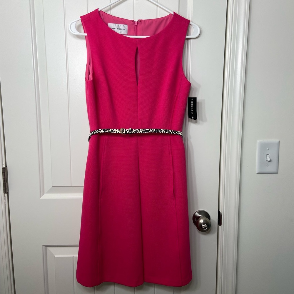 NEW Donna Morgan women’s bright pink leopard‎ belted sleeveless cutout dress 2